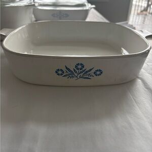 Vintage Corningware White Baking Dish with Blue Floral Design